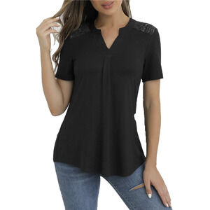 CiCiBird Shirt Womens XL Black Lace Shoulder Blouse Short Sleeve Dressy Top New